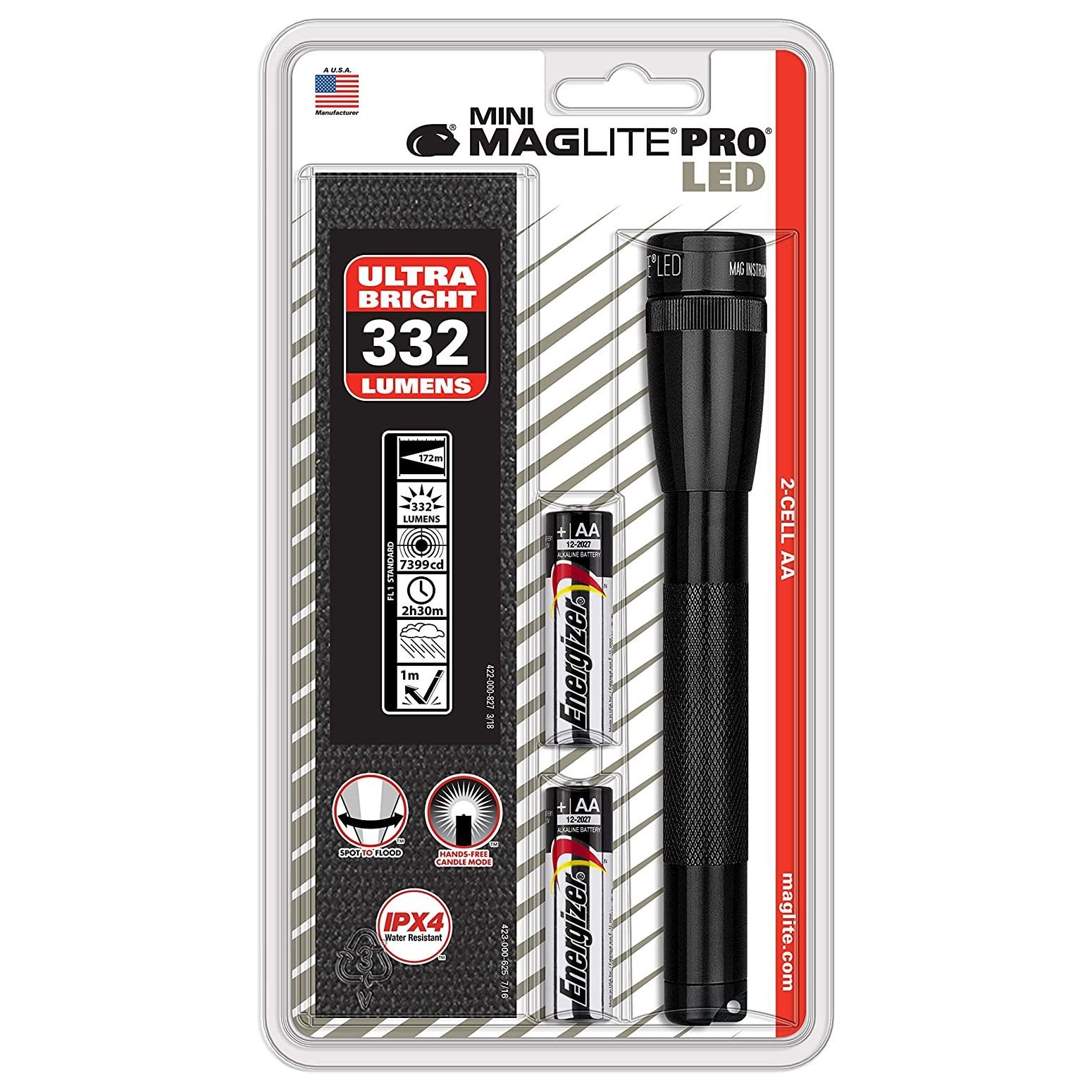 Maglite Mini AA LED Pro Black - 332 lumens - 172m beam - holster pack - official Maglite stockist